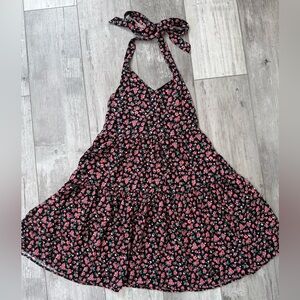American Eagle Floral Halter Mini Dress Small | Black Pink Tiered Tie Neck